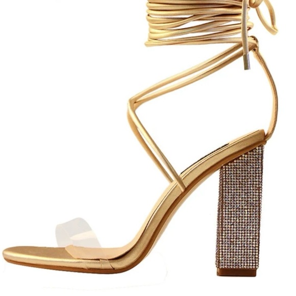 Gold Rhinestone Gladiator Block Heels SZ 9 (39) - Picture 1 of 7
